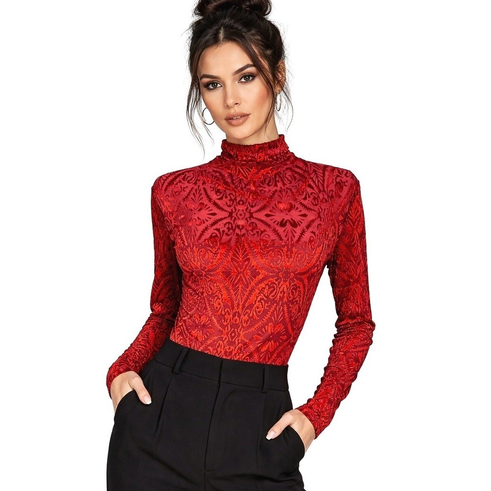 Miduo Womens Top‎ L NWT Burnt Orange Office Burnout Velvet Sheer Flocked Retro